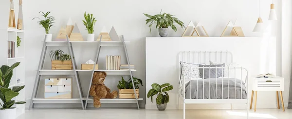 Real Photo Modern Kid Room Interior Grey Shelves Teddy Bear — Stock Photo, Image