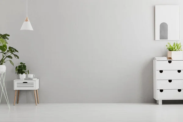 Lâmpada Acima Armário Branco Com Planta Cinzento Sala Estar Interior — Fotografia de Stock