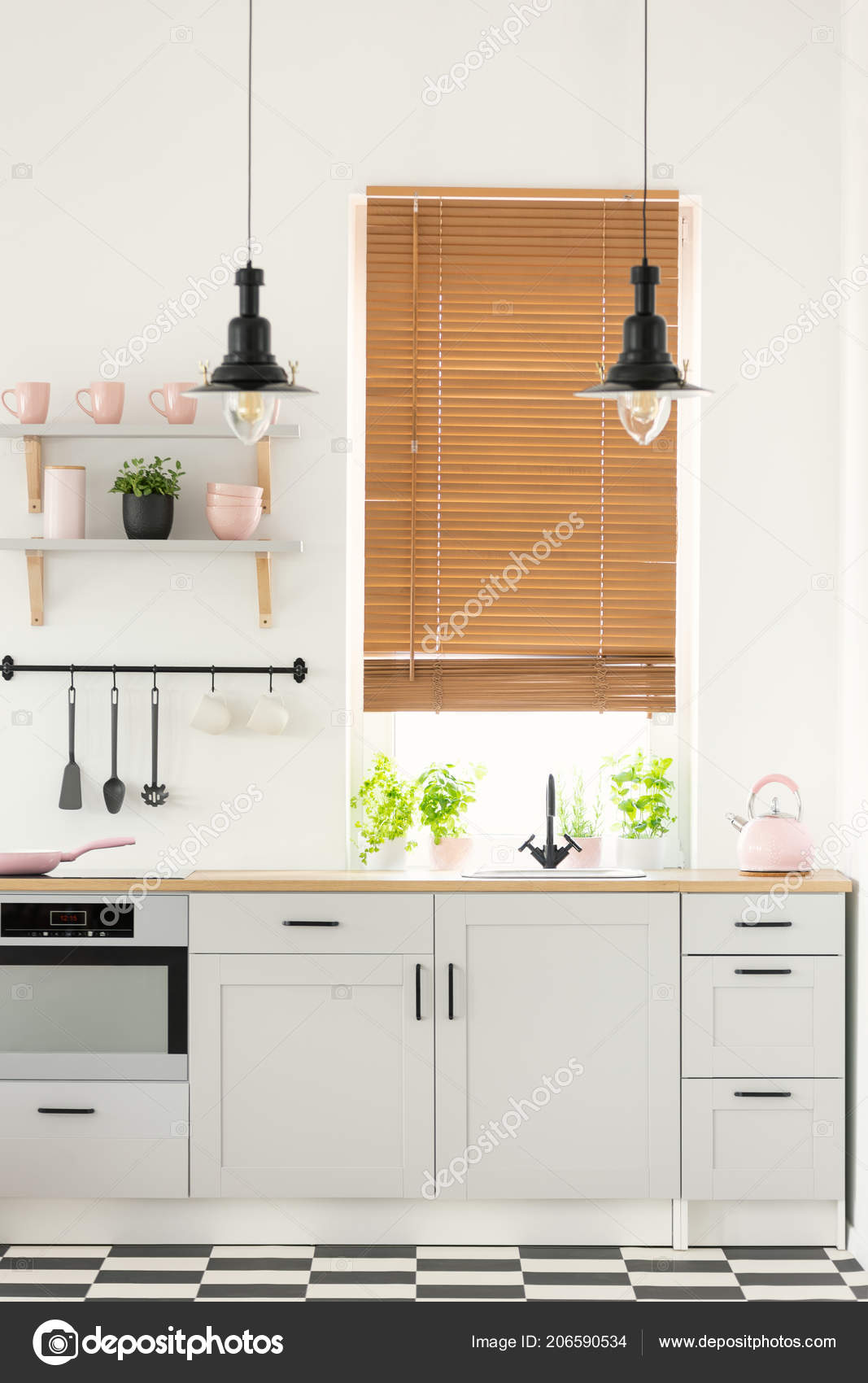 Real Photo Modern Kitchen Interior Wooden Window Blinds