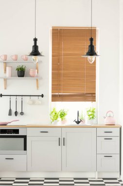 Modern mutfak iç ahşap pencere panjur, dolapları, bitkiler ve pembe ayrıntıları ile gerçek fotoğraf