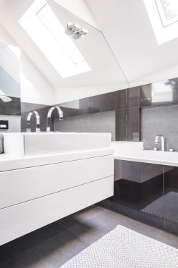 Büyük ayna yansıtıcı, siyah çini ve bir çatı penceresi bir fantezi banyo iç kabine modern, beyaz lavabo tarafından