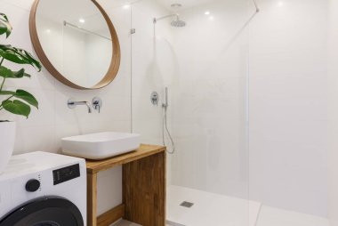 Yukarıda lavabo duş ve bitki ile beyaz banyo iç ayna. Gerçek fotoğraf