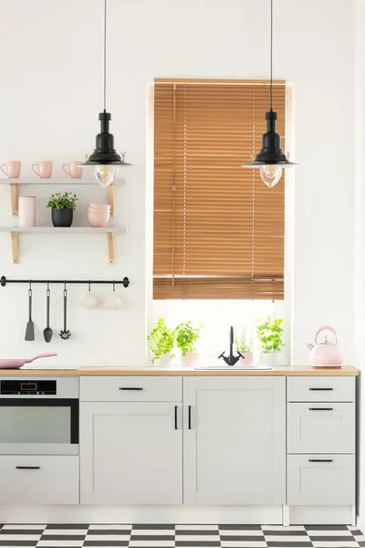 Foto Real Interior Cocina Moderna Con Persianas Madera Armarios Plantas — Foto de Stock