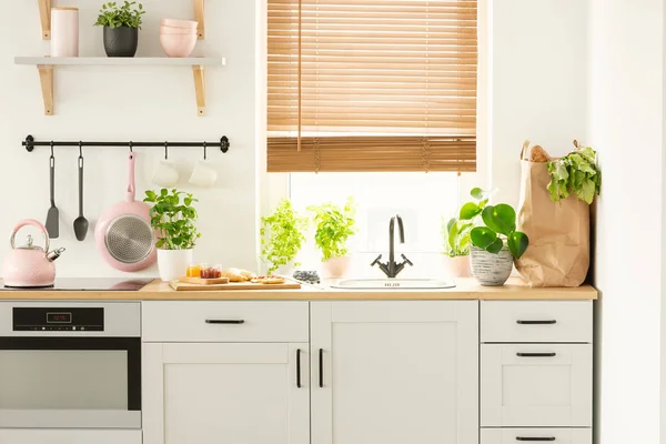 真实照片的厨房橱柜 台面上的植物 购物袋 窗户与窗帘在厨房内部 — 图库照片