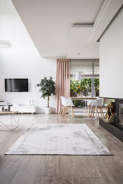 Tapijt Hardhouten Vloer Een Stijlvolle Open Ruimte Woonkamer Interieur Met — Stockfoto