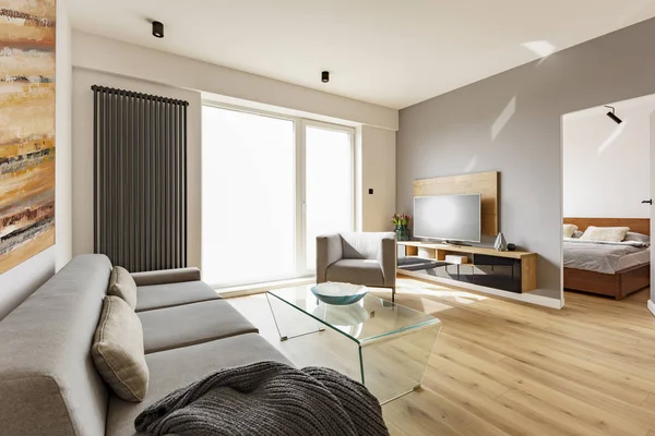 现代起居室的侧面与沙发 扶手椅 玻璃桌 电视和卧室的门 — 图库照片