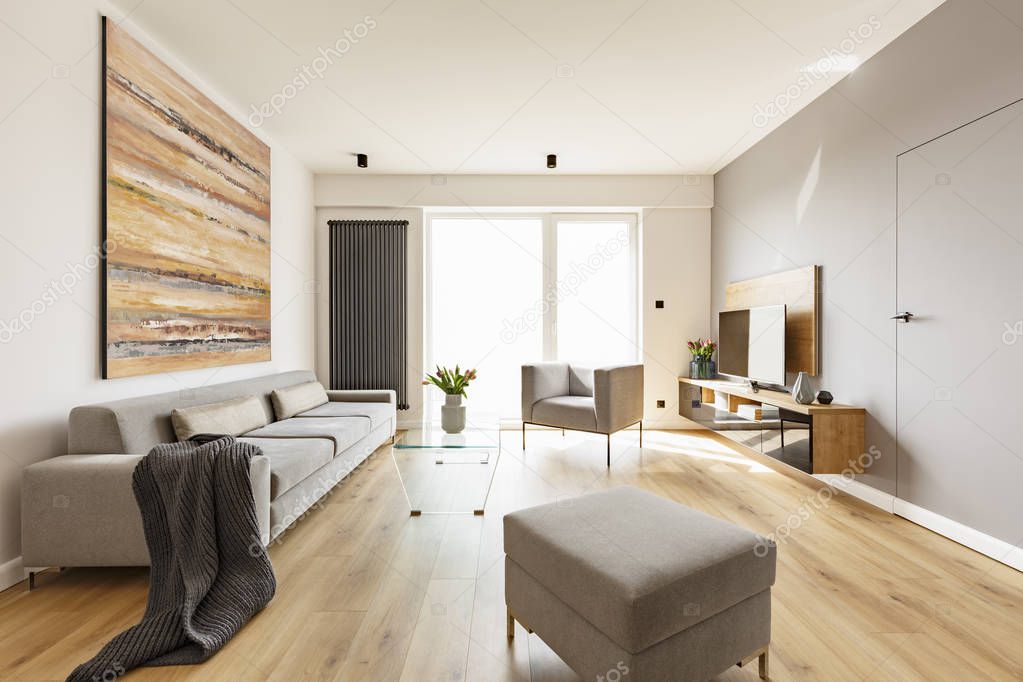 Modern apartment interior with a grey sofa, footstool and armchair, wooden floor, tv and colorful graphic