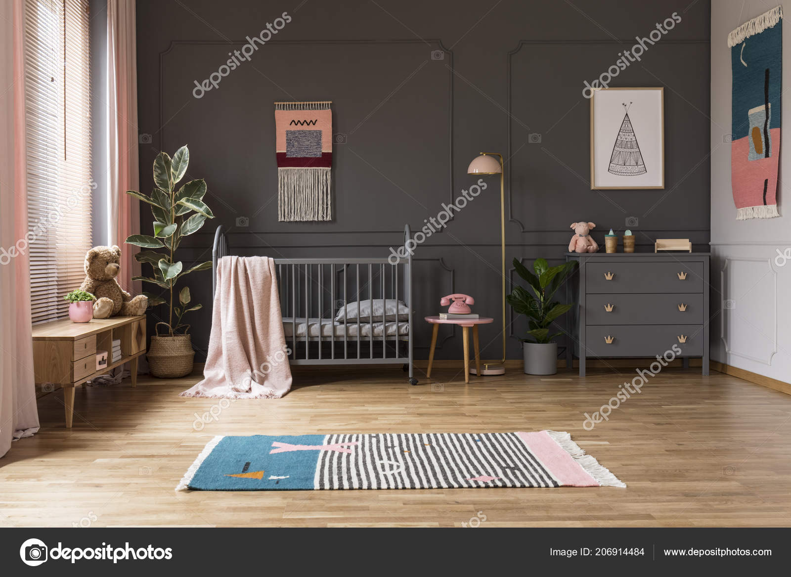 Real Photo Baby Crib Grey Child Room Interior Next Cupboards