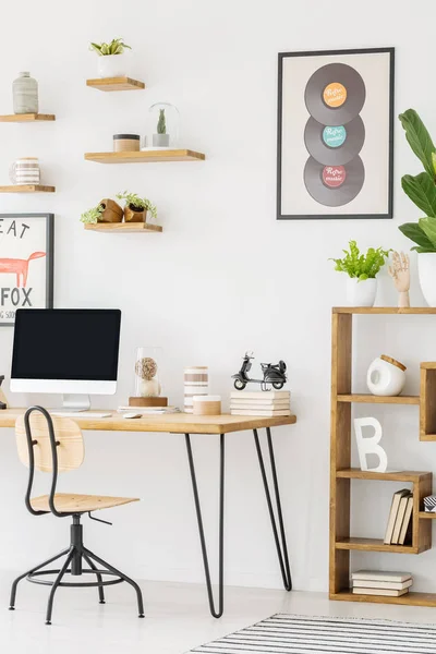 Chair Desk Desktop Computer Bright Workspace Interior Records Poster Plant — Stock Photo, Image