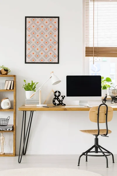 Poster White Wall Wooden Desk Lamp Desktop Computer Workspace Interior — Stock Photo, Image