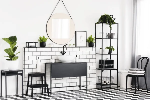 Tablo Siyah Beyaz Banyo Aynalı Lavabo Yukarıda Sandalyede Bitki Gerçek — Stok fotoğraf