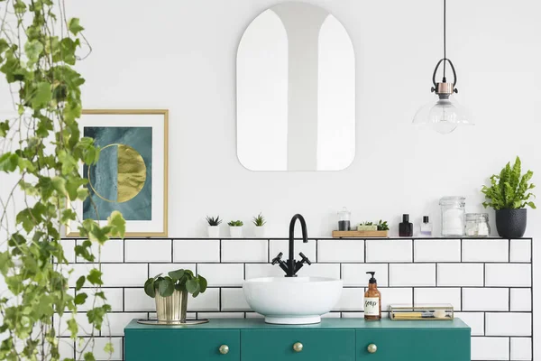 Yeşil Lavabo Banyo Bitkiler Poster Üzerinde Beyaz Duvar Ayna Gerçek — Stok fotoğraf