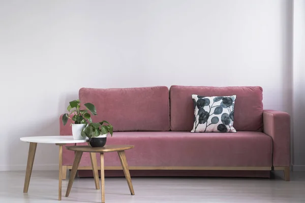 パターン枕のピンクのソファと植物と白の つのコーヒー テーブルは リビング ルームのインテリアで壁します 実際の写真 — ストック写真