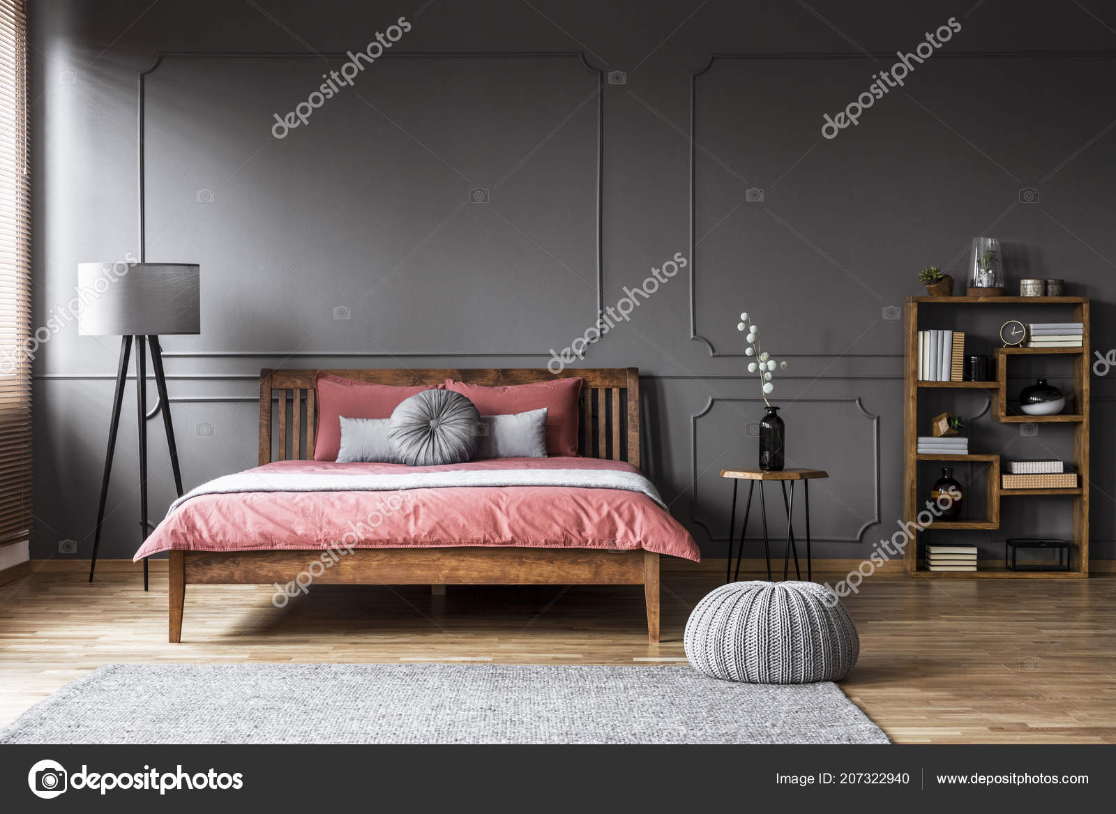 Pouf Next Wooden Bed Pink Sheets Grey Bedroom Interior Bookshelf