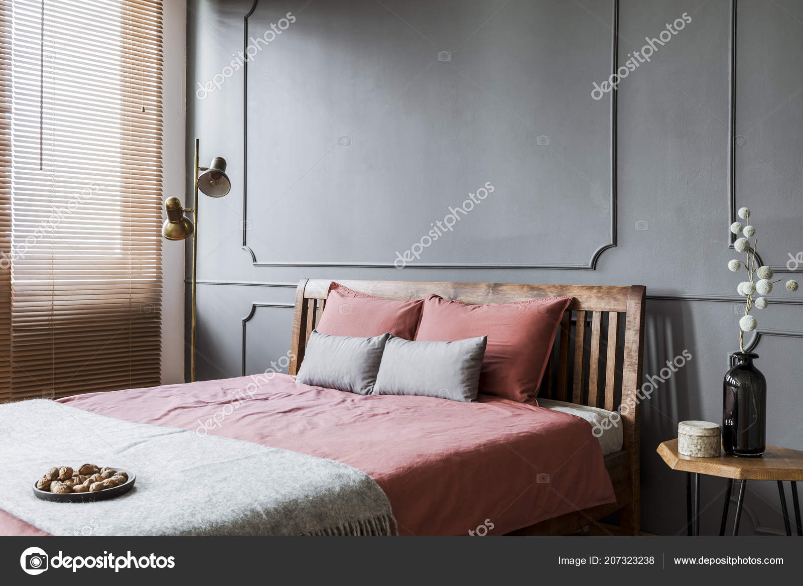 Pink Grey And Gold Bedroom Pink Bed Grey Wall Molding Woman Bedroom Interior Gold Lamp Stock Photo C Photographee Eu 207323238
