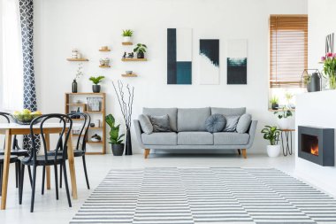 Siyah sandalye ferah daire iç posterler üzerinde gri kanepe ile masada. Gerçek fotoğraf