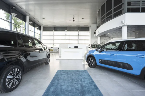现代典雅的汽车展厅内有两辆蓝色和黑色的汽车 柔软的地毯和大窗户 — 图库照片