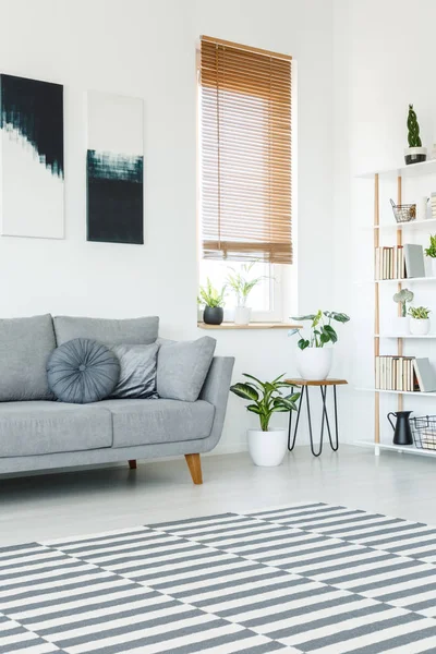 Seitenansicht Eines Gestreiften Teppichs Einem Hellen Wohnzimmer Mit Fenster Couch — Stockfoto