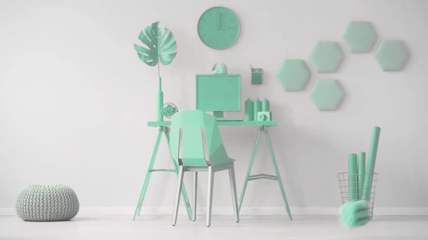 Video Interior Oficina Verde Menta Con Decoración Pared Hexágono Junto — Vídeos de Stock