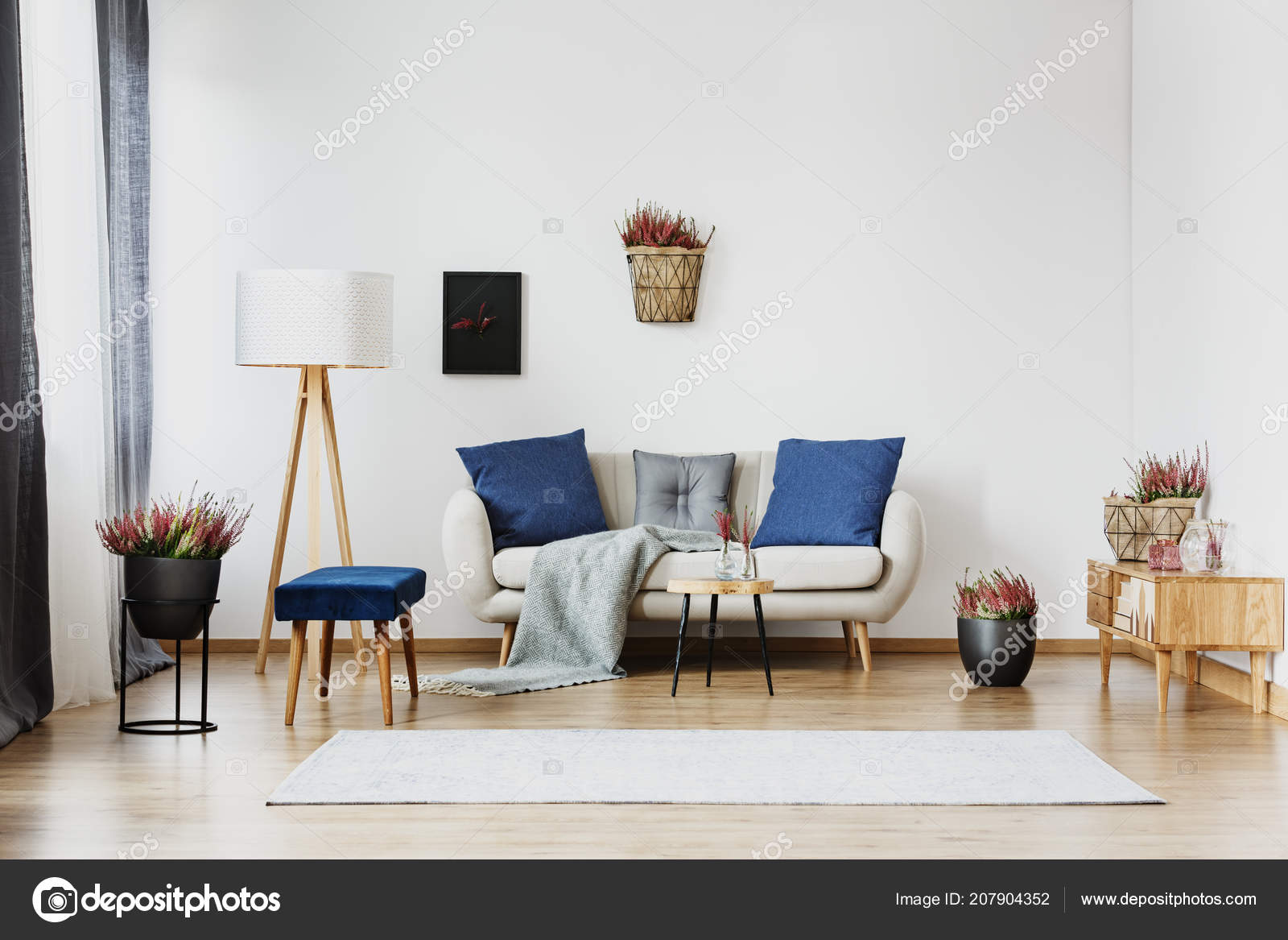 White Sofa Decorated Pillows Standing Big Lamp Wooden Cupboard