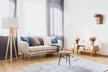 Rahat oturma odası iç heathers bir dolap üzerinde ile yastıklar ile bej kanepe yanındaki ahşap lamba