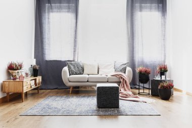 Bir oturma odası iç kanepe heather bitki ve arka planda büyük pencere yanında ile önden görünümü