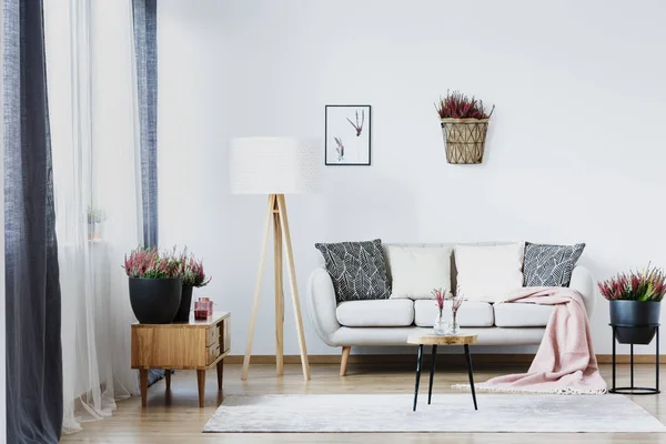 Cartaz Urze Parede Branca Acima Sofá Com Travesseiros Estampados Interior — Fotografia de Stock