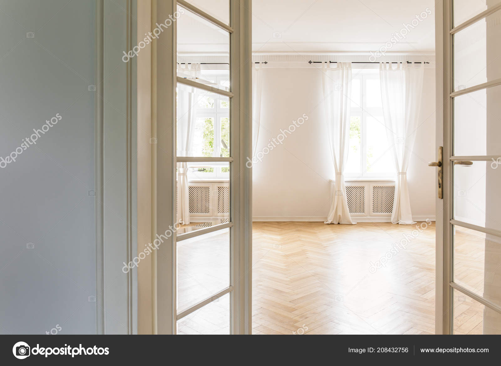 View Open Glass Door Empty Bright Bedroom Interior Big