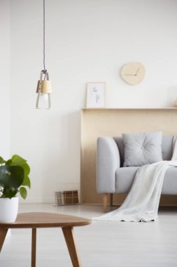 El yapımı lamba beyaz salon iç ahşap masa üzerinde taze bitki ve arka plan bulanık duvardaki basit saat asılı