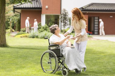 Çay yeşil çimenlerin üzerinde tekerlekli sandalyede felçli yaşlı kadın vererek dostça caregiver