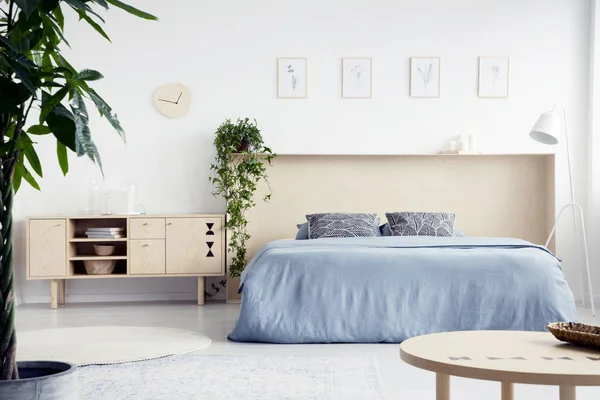 Beyaz Yatak Odası Çift Kişilik Yatak Ile Mavi Çarşaf Kutu — Stok fotoğraf