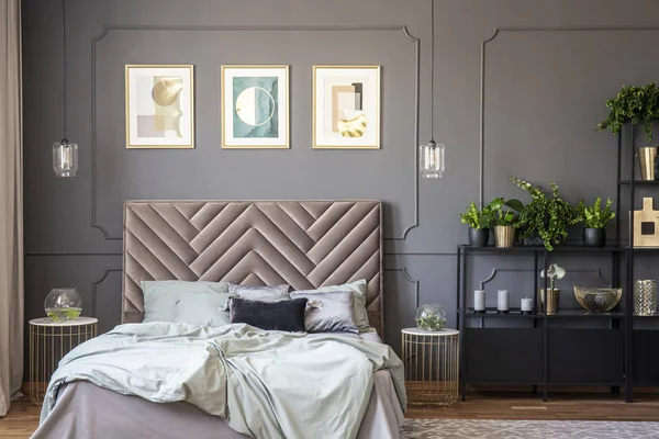深灰色卧室内饰与护墙板在墙上 特大床与软床头 三海报和金属架子与植物和装饰品 — 图库照片