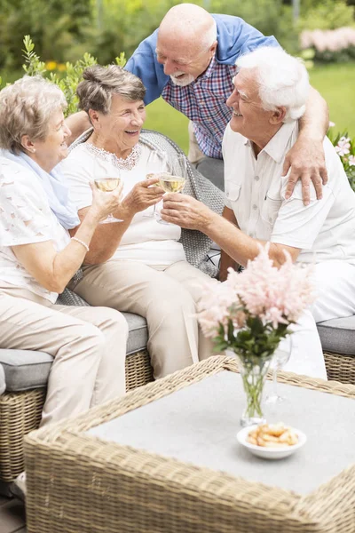 Idosos Sorrindo Bebendo Vinho Durante Uma Reunião Terraço — Fotografia de Stock