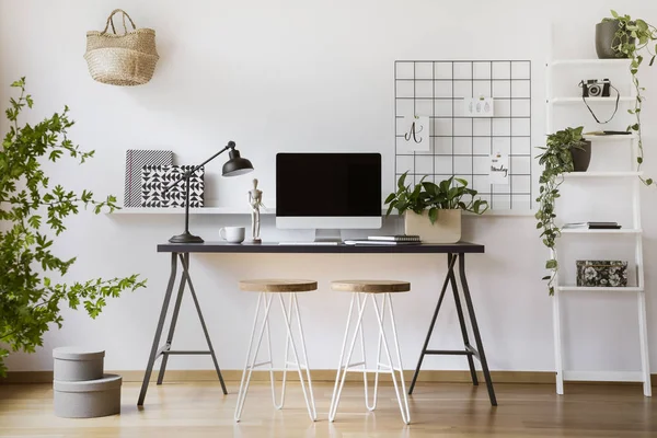 Desktop Computer Mock Industrial Desk Scandinavian Student Bedroom Interior Workspace — Stock Photo, Image