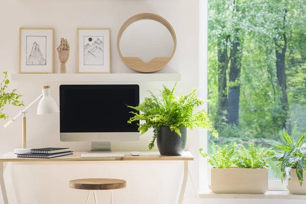 Nahaufnahme Eines Modernen Computerbildschirms Auf Einem Schreibtisch Fenster Einem Weißen — Stockfoto