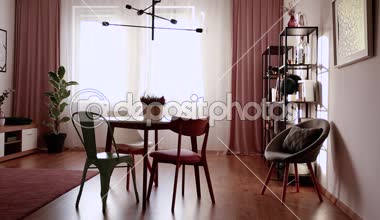 Bir masa, sandalye, bitkiler ve raf rahat yemek odası iç hareketli perde. Video