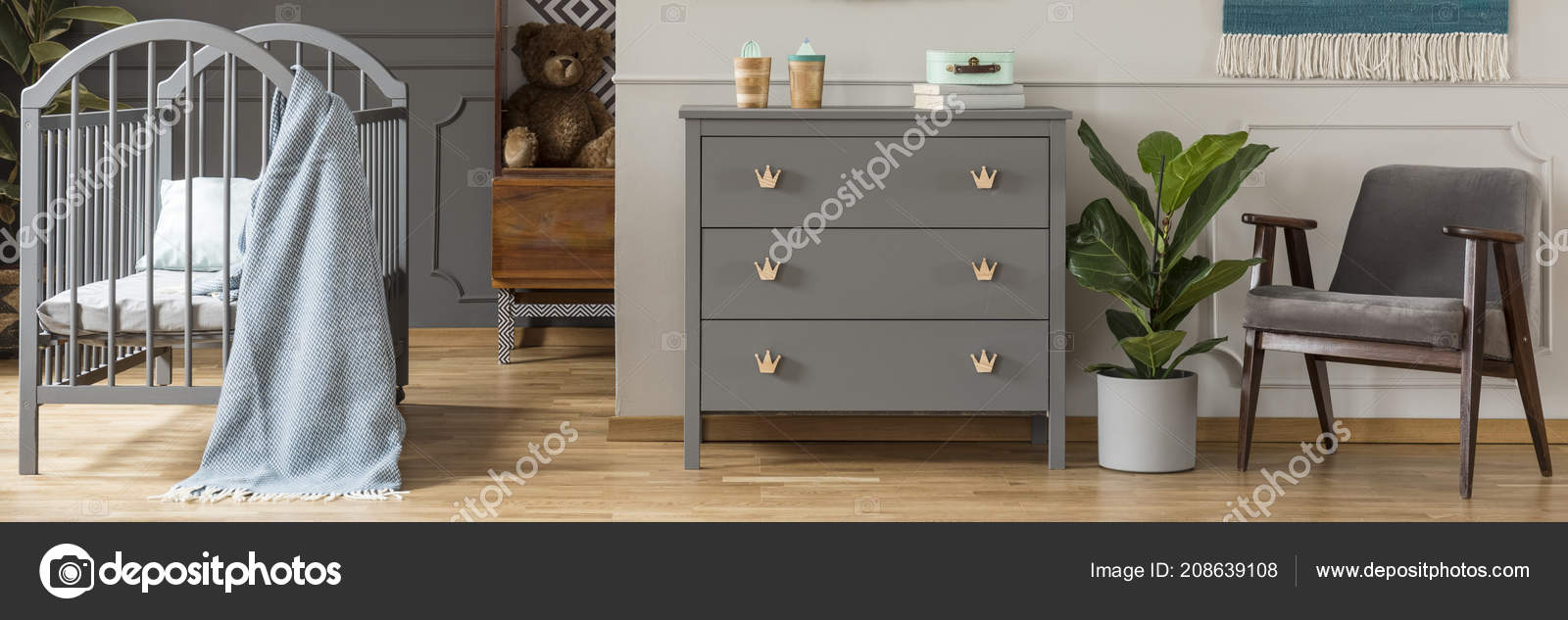 Gray Scandi Style Dresser Crown Shaped Handles Bright Child