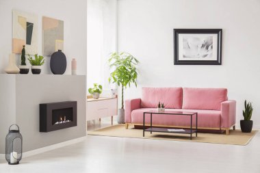 Pembe kadife koltuk, taze bitki, şömine ve dekor ile SCANDI oturma odası iç duvarlarda posterleri