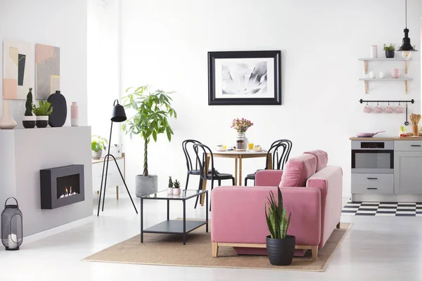 Küchenzeile Innenraum Mit Poster Über Tisch Und Pflanze Neben Rosa — Stockfoto