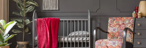 明亮的红色 舒适的毯子上的经典婴儿床和五颜六色的扶手椅在黑暗的托儿所卧室内部与植物和木制家具 — 图库照片