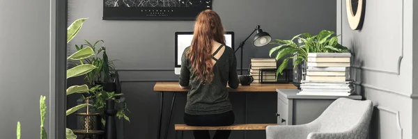 Panorama Girl Student Sitting Wooden Bench Industrial Desk Computer Stylish — Stock Photo, Image