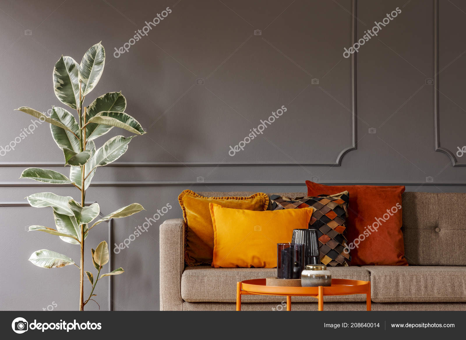 Ficus Next Brown Sofa Orange Pillows Grey Living Room Interior - Main Image