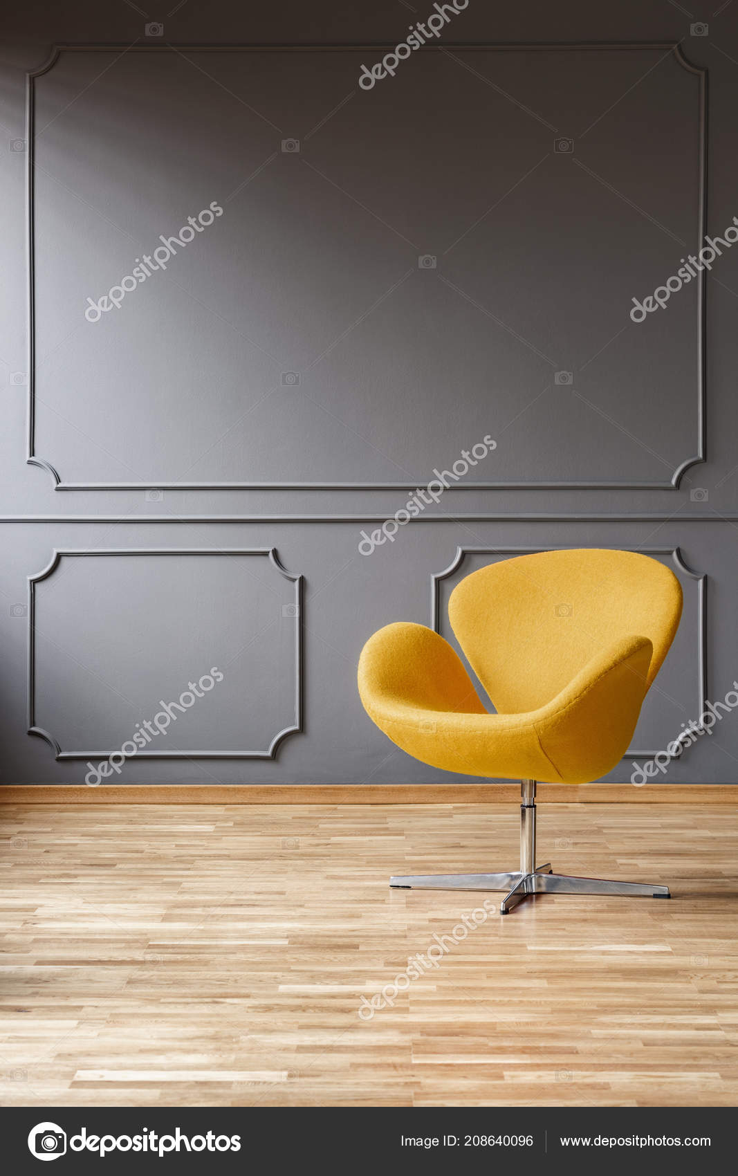 Real Photo Dark Grey Living Room Interior Wooden Floor Yellow