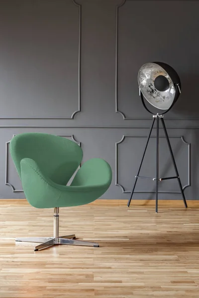 Fauteuil Vert Côté Lampe Dans Salon Gris Intérieur Avec Plancher — Photo