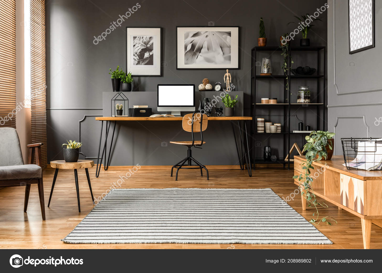 Wooden Cupboard Grey Living Room Interior Workspace Mockup