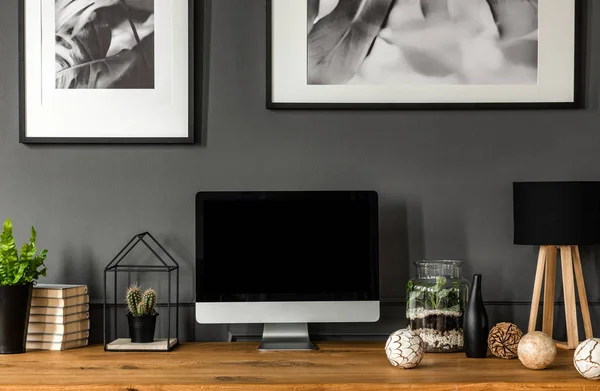 Mockup Black Computer Monitor Wooden Desk Balls Simple Grey Workspace — Stock Photo, Image