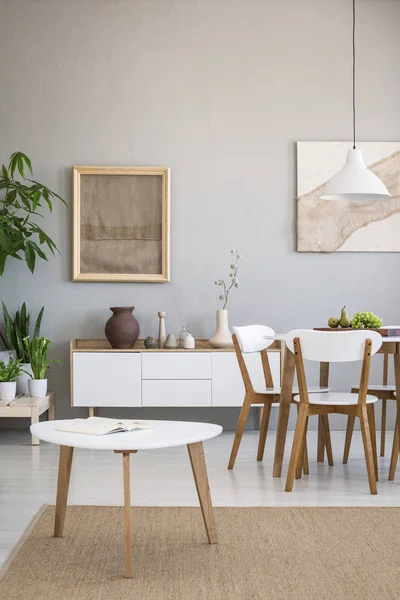 Real Photo Open Space Dining Room Wooden Table Chairs Next — Stock Photo, Image