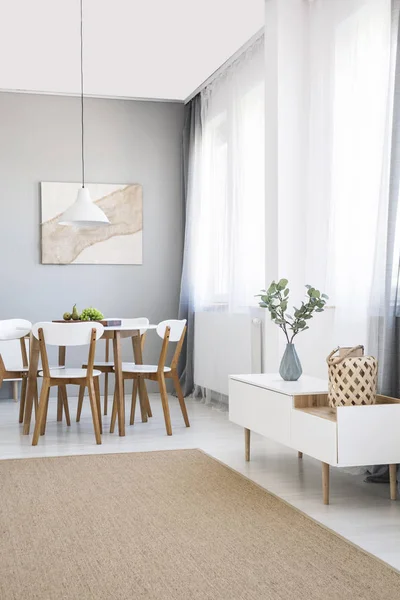 White Chairs Dining Table Scandi Flat Interior Cupboard Painting Carpet — Stock Photo, Image