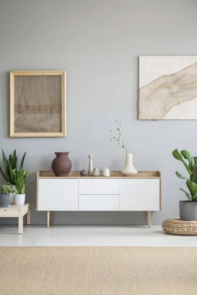 White Cupboard Plants Grey Living Room Interior Burlap Frame Brown — Stock Photo, Image