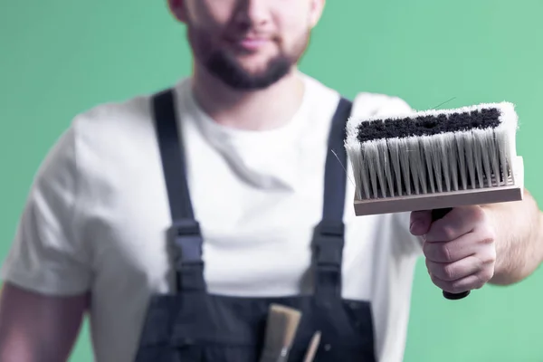 Blurry Portrait Home Interior Renovation Worker Holding Big Painting Brush — Stock Photo, Image